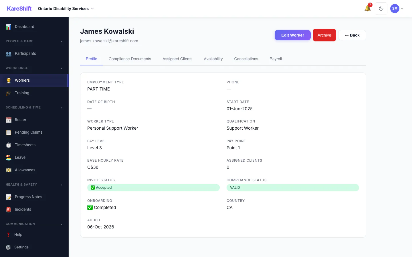 Worker Profile: A worker's profile and details.