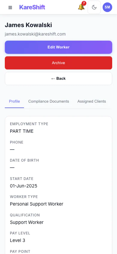 Worker Profile: A worker's profile and details. (mobile view)