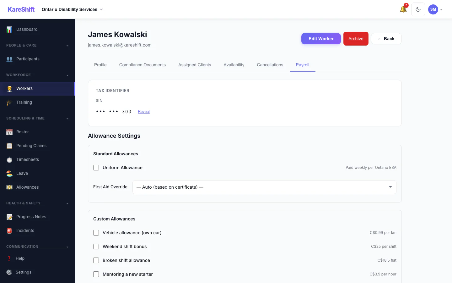 Worker Payroll Details: Payroll details and allowance settings for a worker.