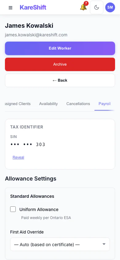 Worker Payroll Details: Payroll details and allowance settings for a worker. (mobile view)