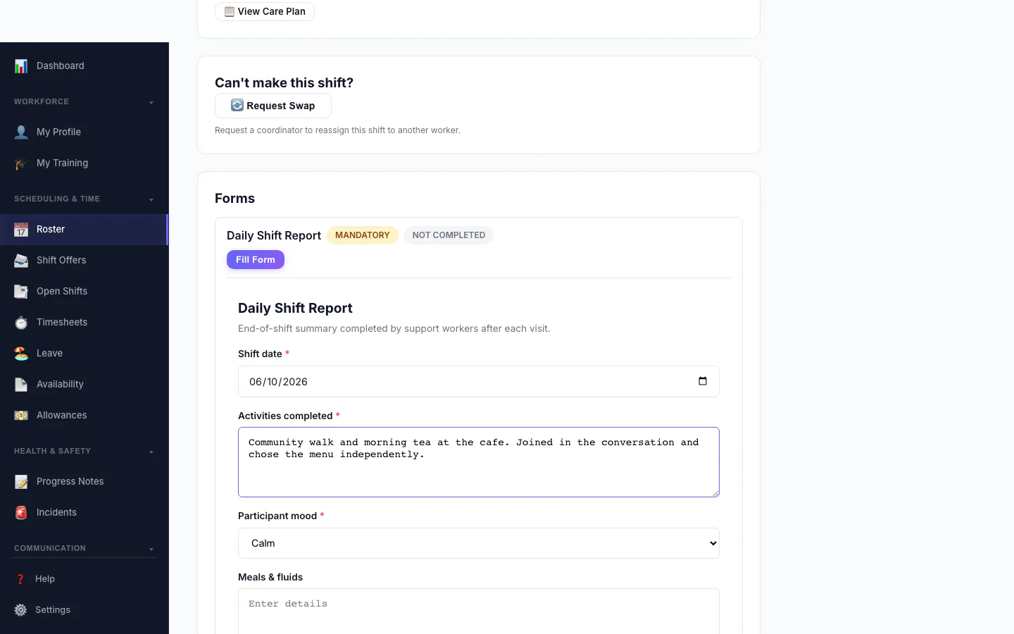 Filling a Form: A worker fills a custom form on their phone as part of a shift.