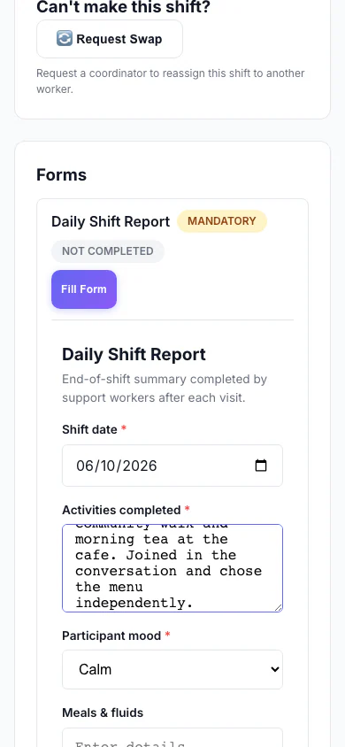 Filling a Form: A worker fills a custom form on their phone as part of a shift. (mobile view)