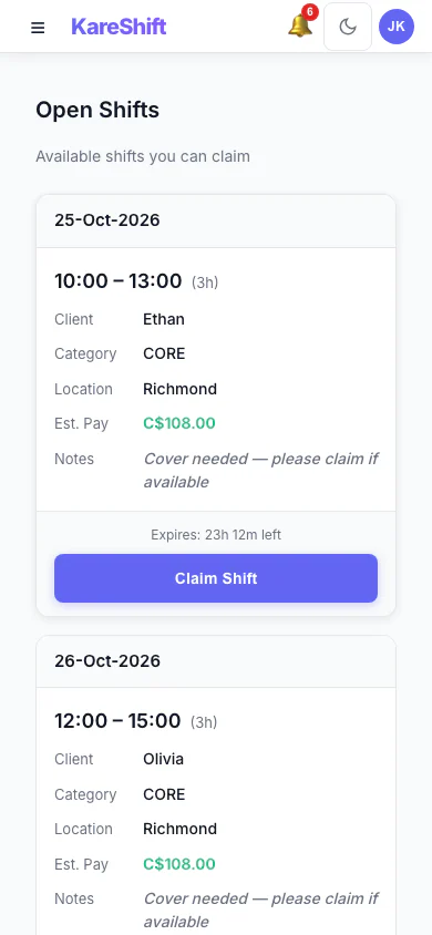 Open Shift Board — claimable vacant shifts with pay estimate and expiry — mobile view
