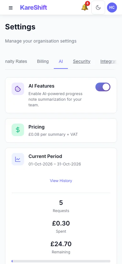 AI Settings: Turn AI progress summaries on for your organisation, set a monthly spending cap and see this period's usage. (mobile view)