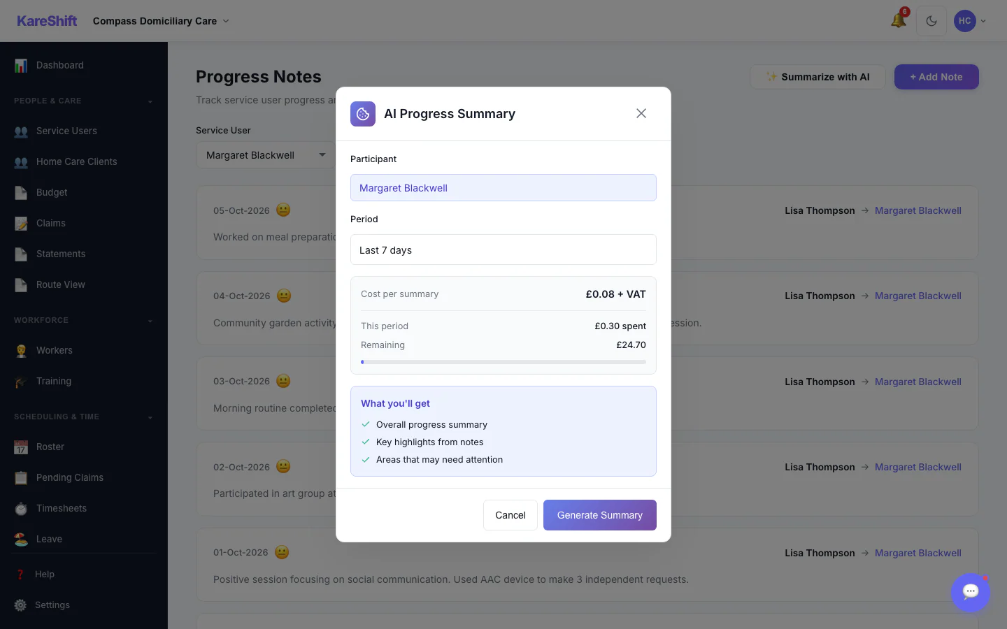 AI Progress Summary — Choose a Period: Pick a participant and a date range, see the cost per summary, then generate. Off by default; owners switch it on.