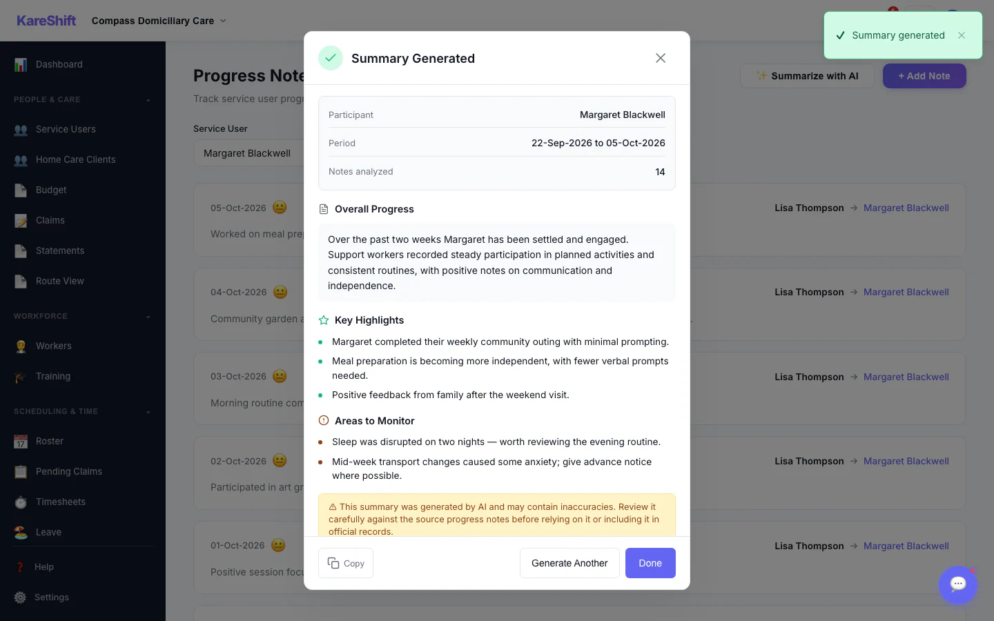 AI Progress Summary — Result: A written summary with highlights and areas to monitor. Staff review it before relying on it.
