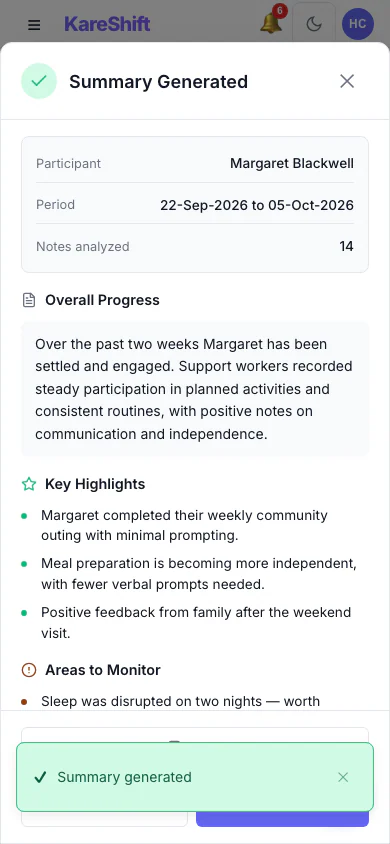 AI Progress Summary — Result: A written summary with highlights and areas to monitor. Staff review it before relying on it. (mobile view)