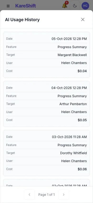 AI Usage History: Every summary generated, who ran it, for whom and what it cost. (mobile view)