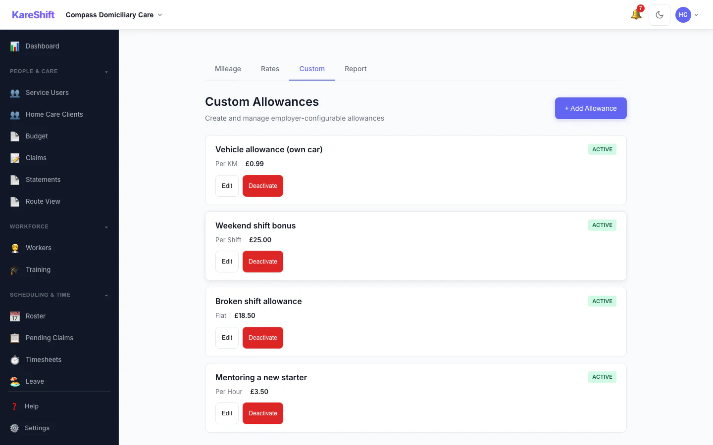 Custom Allowances: Create your own allowances beyond the standard ones, each with its own rate.