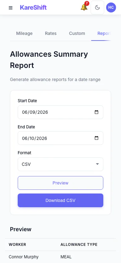 Allowances Report: Preview and export what was paid in allowances over a period, with a grand total. (mobile view)