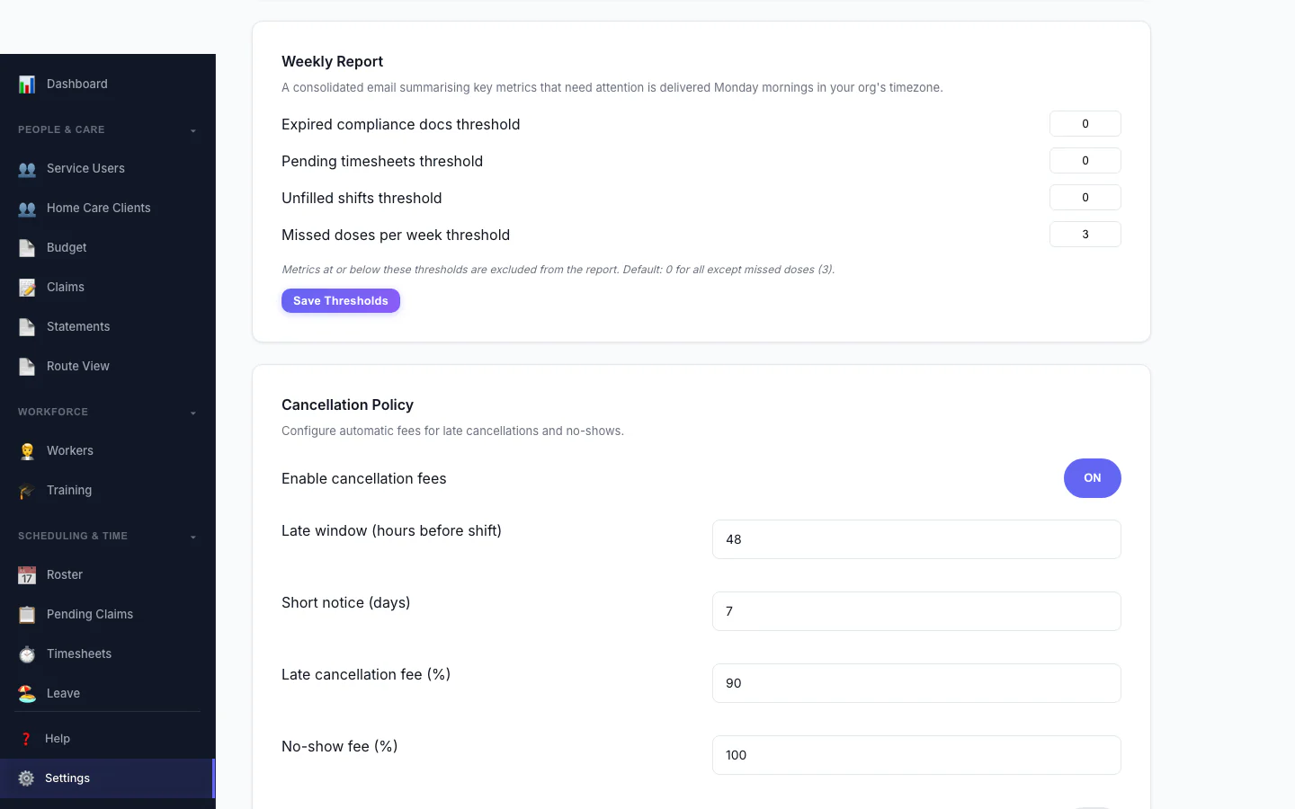 Cancellation Policy settings — automate late-cancellation and no-show fees