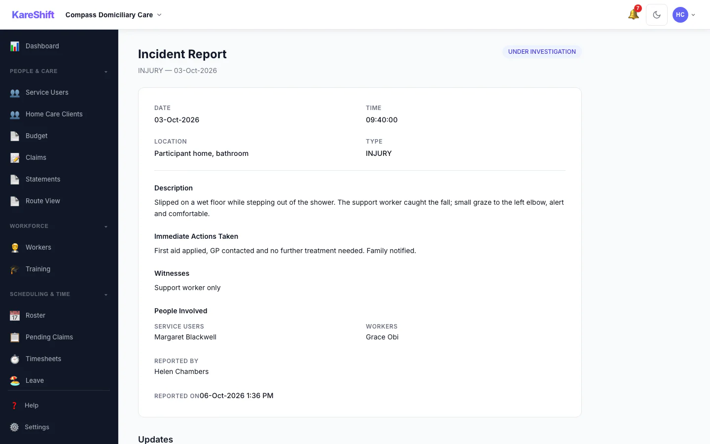 Incident Detail: An incident with its status, details and the update trail of who did what.