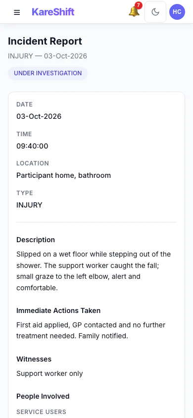 Incident Detail: An incident with its status, details and the update trail of who did what. (mobile view)