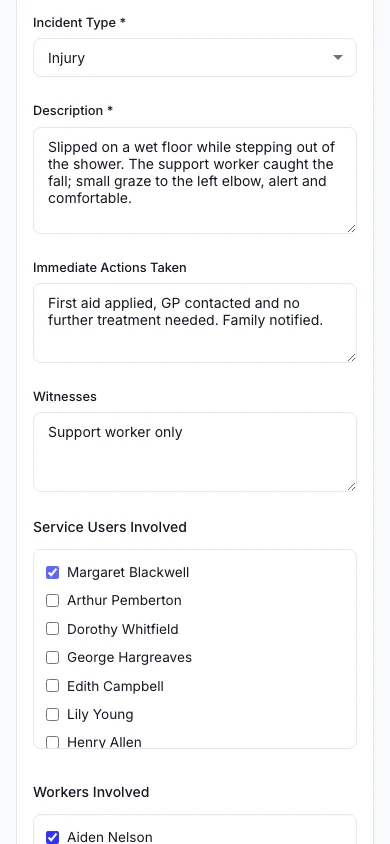 Report an Incident: Record what happened, who was involved and what was done straight away. (mobile view)