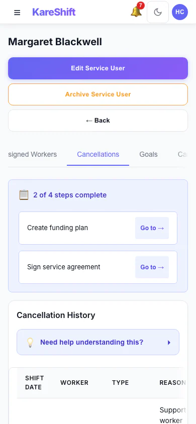 Cancellation History: Cancelled visits with who cancelled, whether the fee is claimable and the amount. (mobile view)