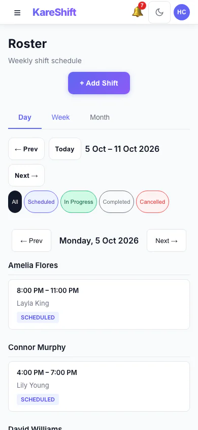 Roster — Day View: One day's shifts grouped by worker. (mobile view)