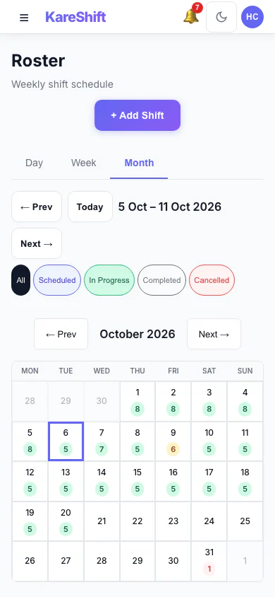 Roster — Month View: A month at a glance with shift counts for each day. (mobile view)