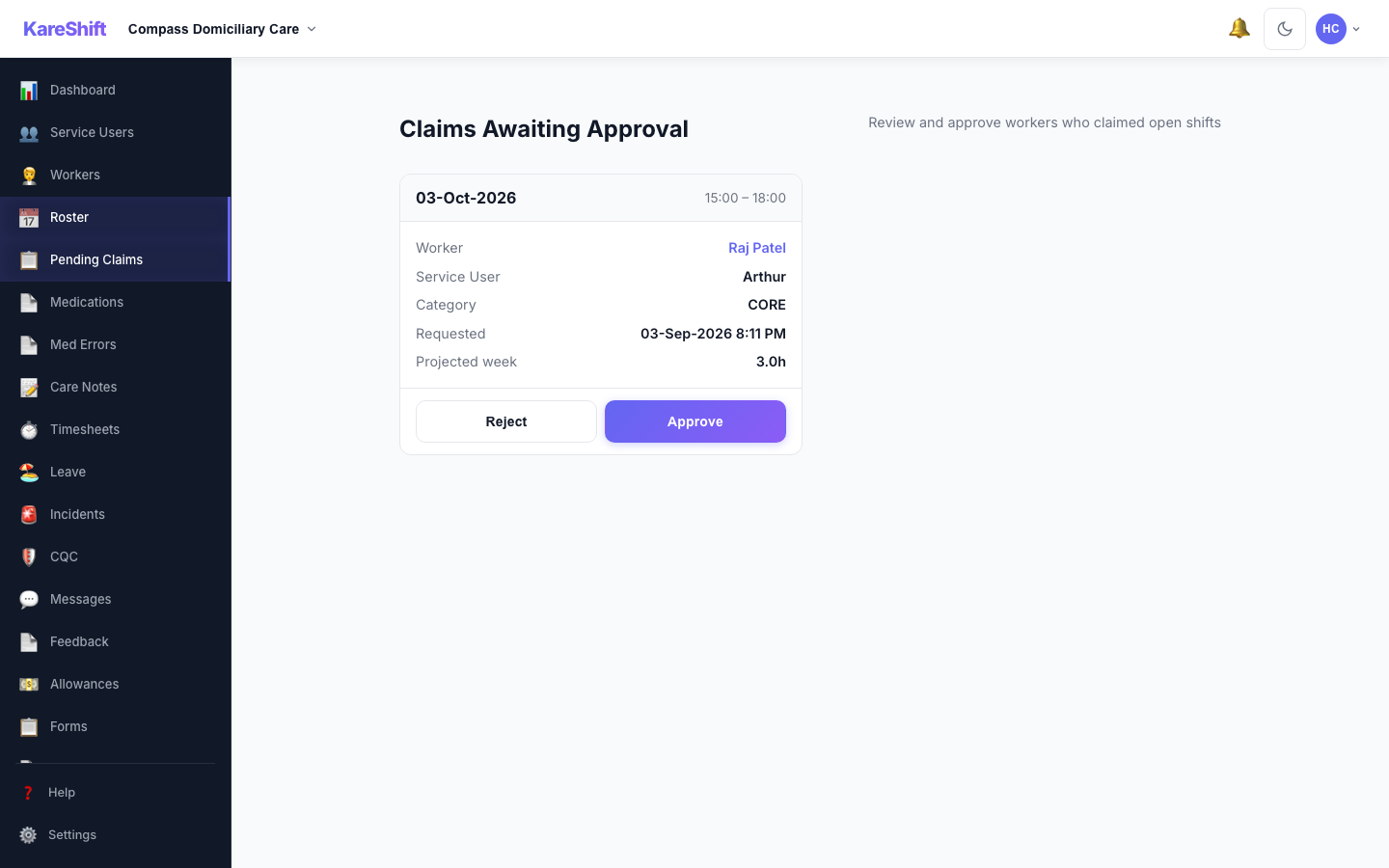 Claim Approval — coordinator reviews open-shift claims with projected weekly hours and an overtime warning