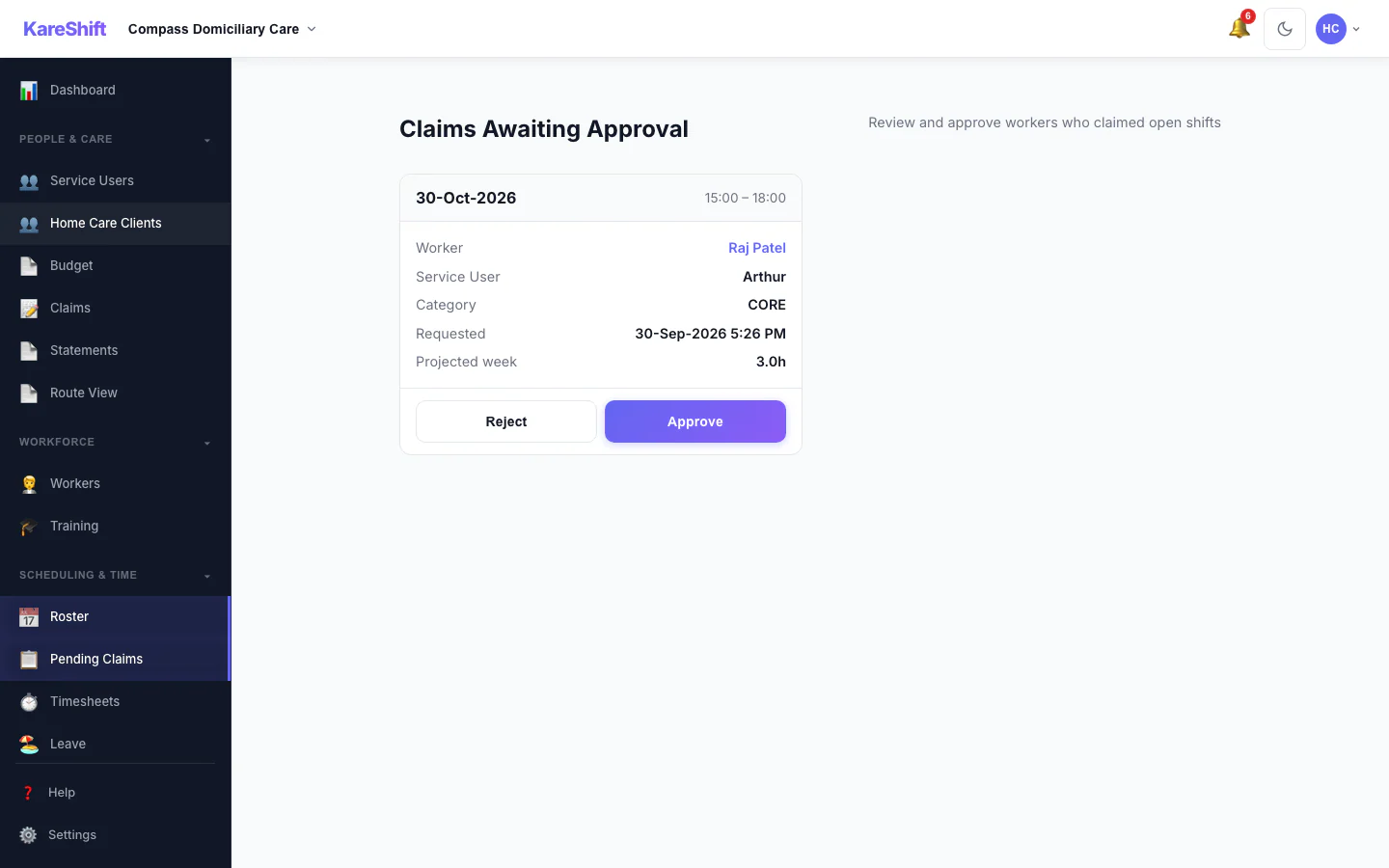 Claim Approval — coordinator reviews open-shift claims with projected weekly hours and an overtime warning
