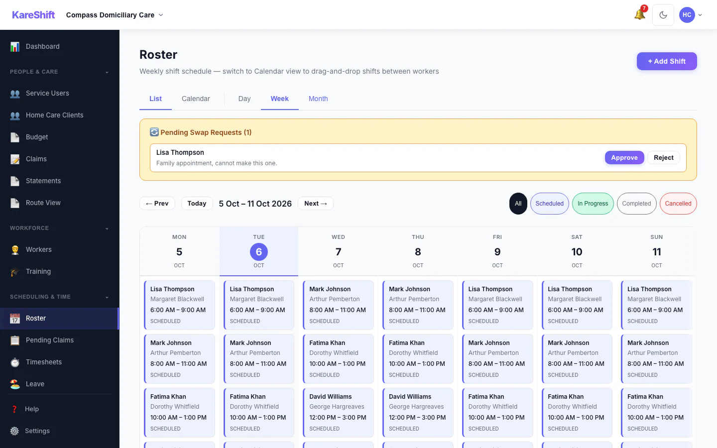 Shift Swap Requests: Pending swap requests with approve and reject.