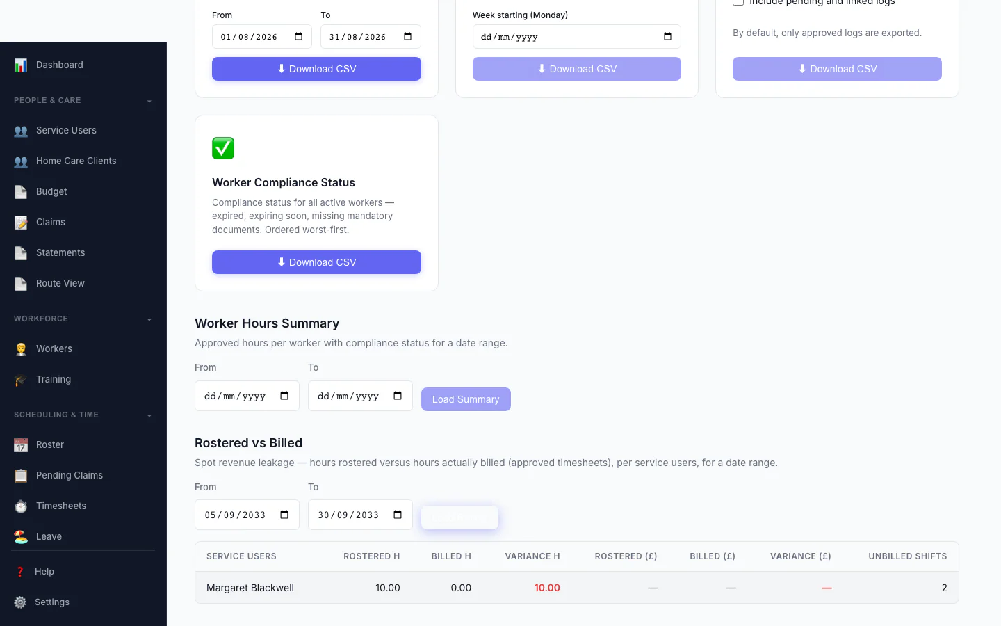 Rostered vs Billed report — hours rostered versus hours billed, with the shortfall highlighted