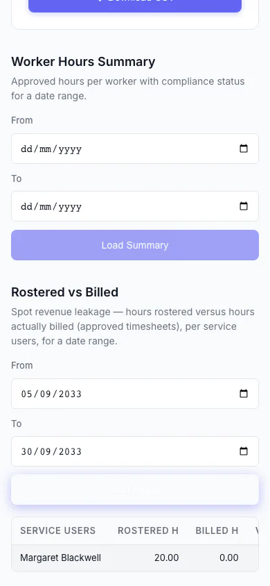Rostered vs Billed report — hours rostered versus hours billed, with the shortfall highlighted — mobile view