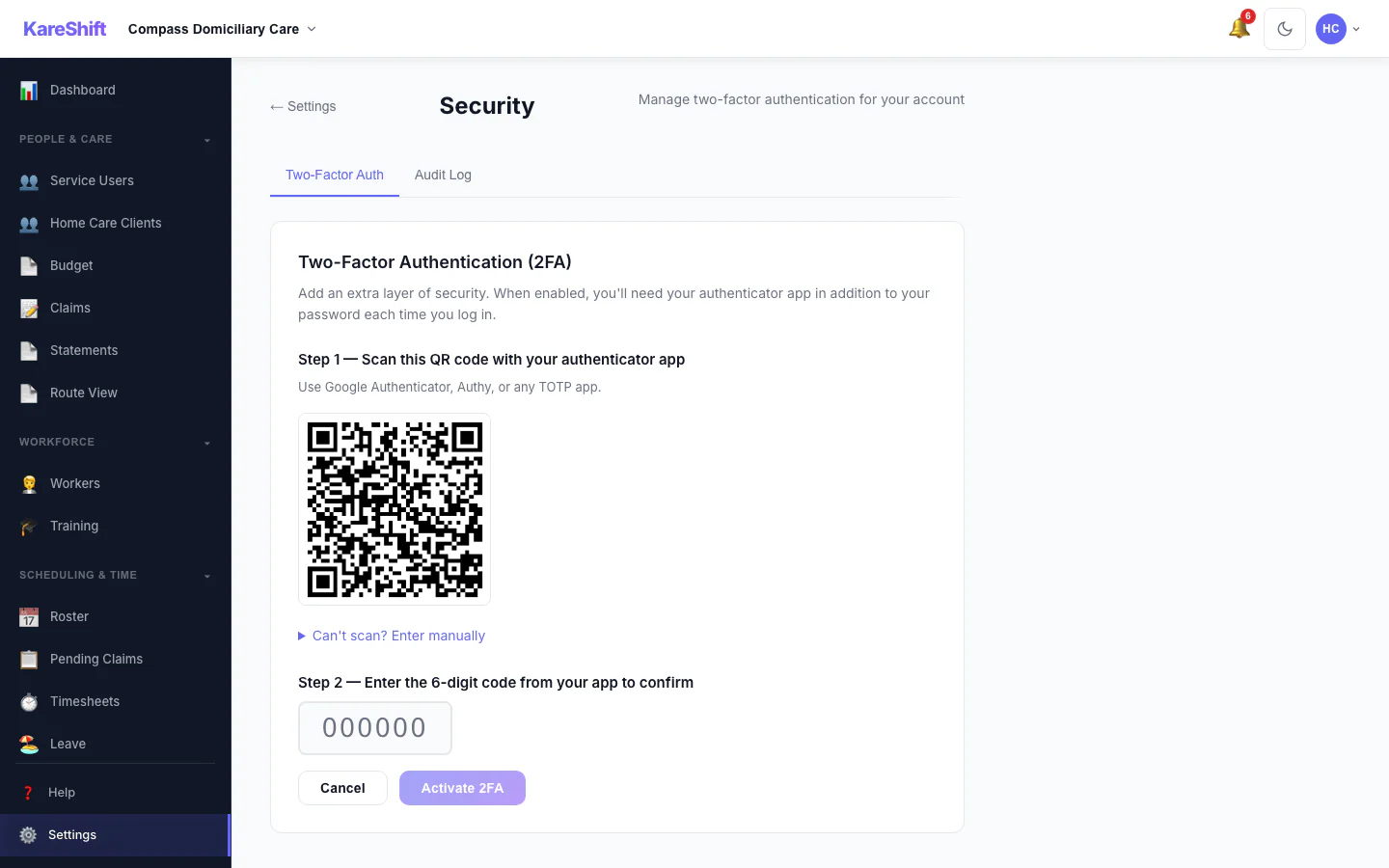 Set Up Two-Factor Authentication: Scan a code with an authenticator app, then enter the six-digit code to switch it on.