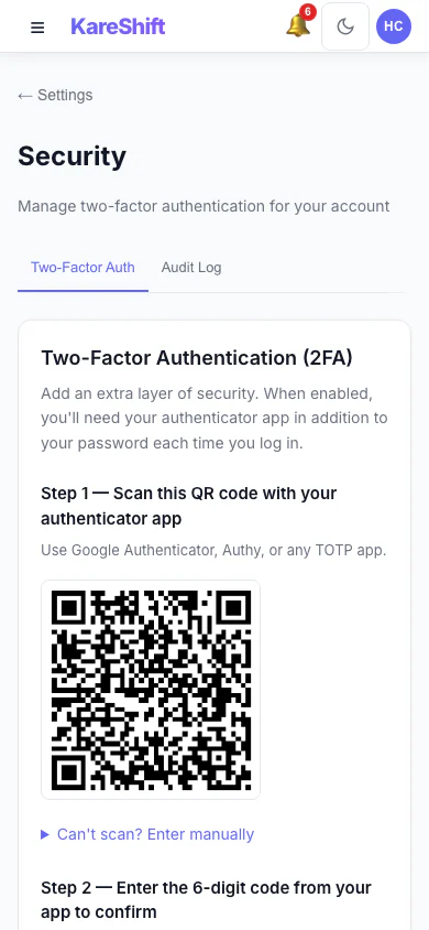 Set Up Two-Factor Authentication: Scan a code with an authenticator app, then enter the six-digit code to switch it on. (mobile view)