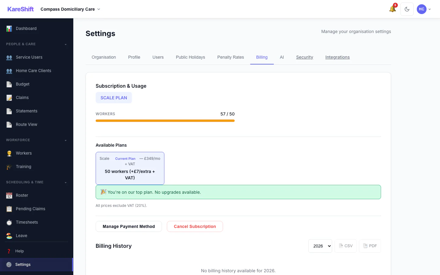 Billing and Plan: Your plan, worker usage and billing history.