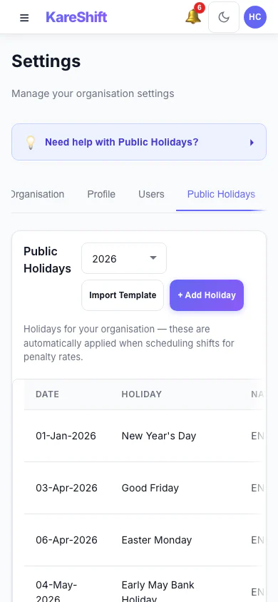 Bank Holidays — Mobile