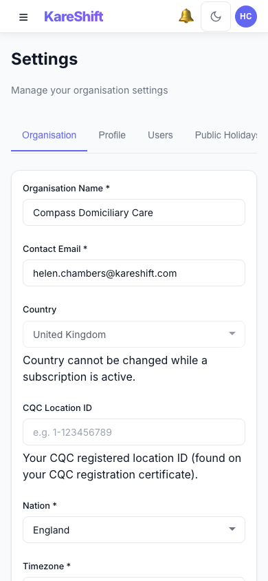 Settings — Mobile