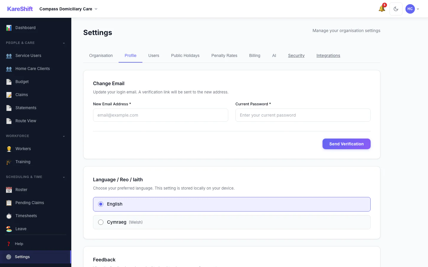 Your Profile Settings: Your login email and email notification choices.