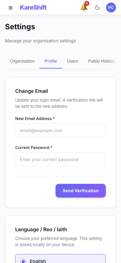 Your Profile Settings: Your login email and email notification choices. (mobile view)