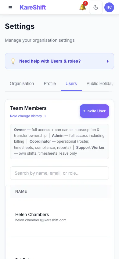 Team Members and Roles: Everyone in your organisation, their status and roles. (mobile view)