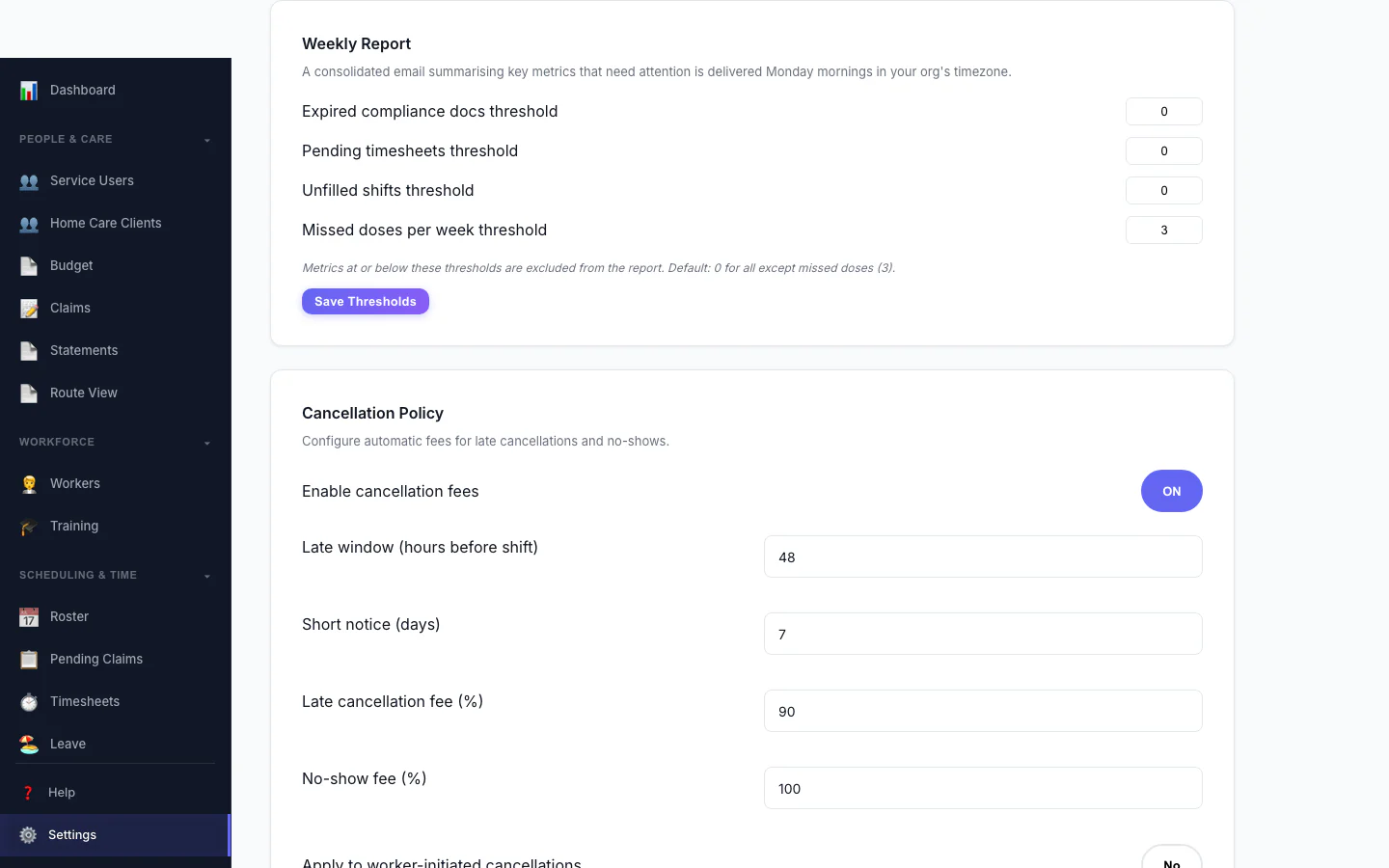 Weekly Report: Set the thresholds for the weekly summary email.