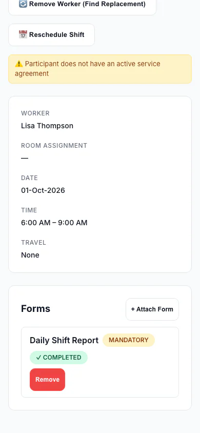 Forms Attached to a Shift: A shift with a mandatory form marked completed. (mobile view)