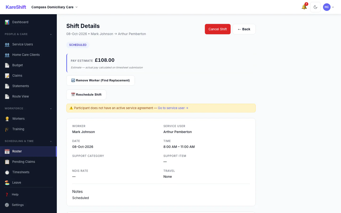 Shift Detail: A shift with its worker, pay estimate and attached forms.