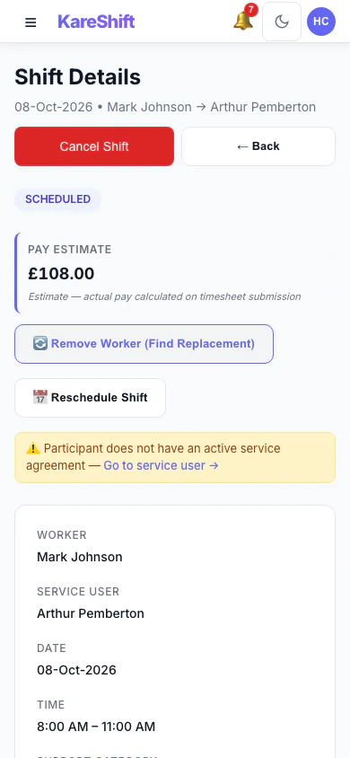 Shift Detail: A shift with its worker, pay estimate and attached forms. (mobile view)