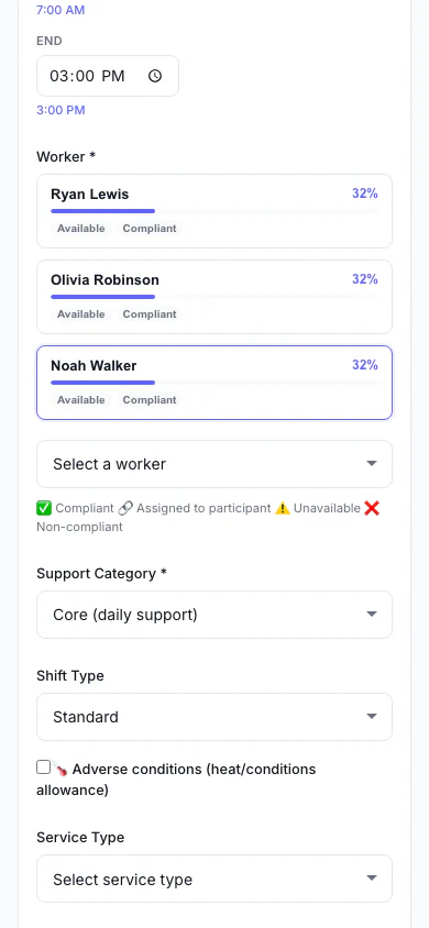 Add a Shift: Pick the person, date and times, and see suggested workers. (mobile view)