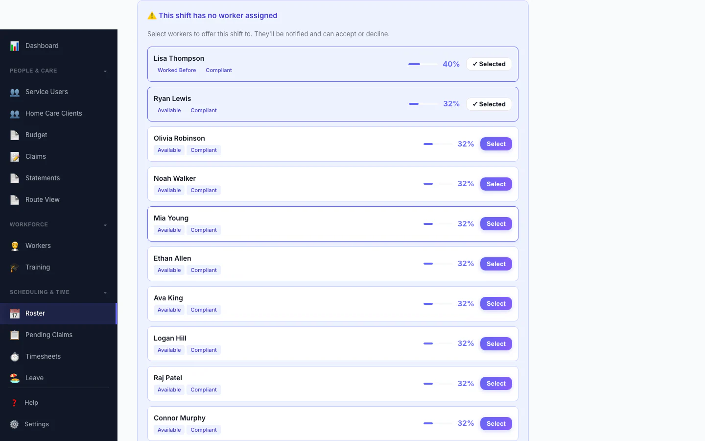 Replacement Assistant: A vacant shift with ranked replacement workers and one-click offers.