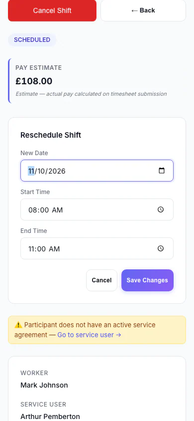 Reschedule a Shift: Move a shift to a new date and time. (mobile view)