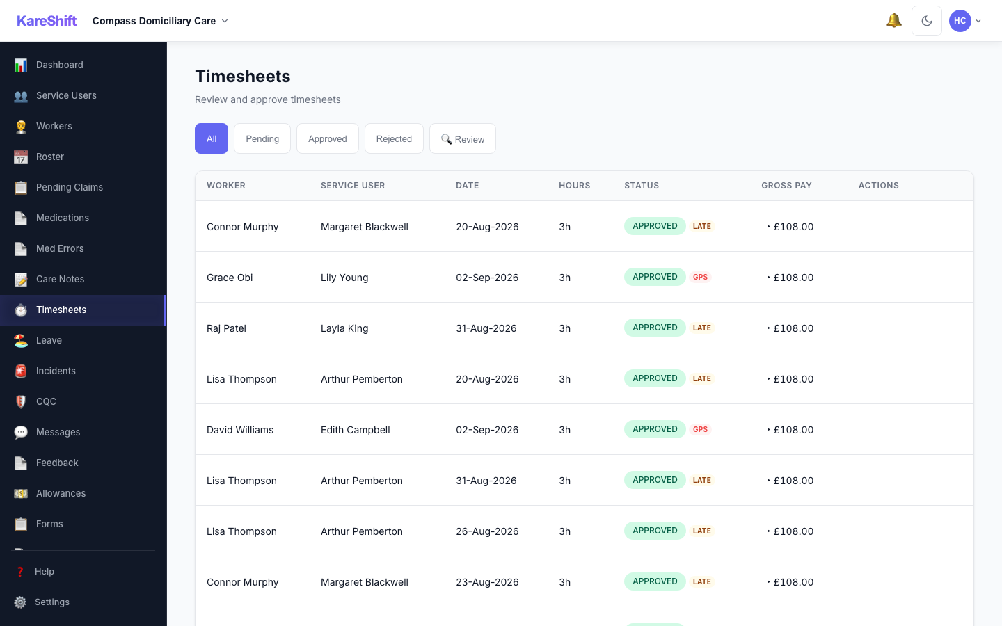Timesheet Review — anomaly badges for GPS violations, time variance and late submissions