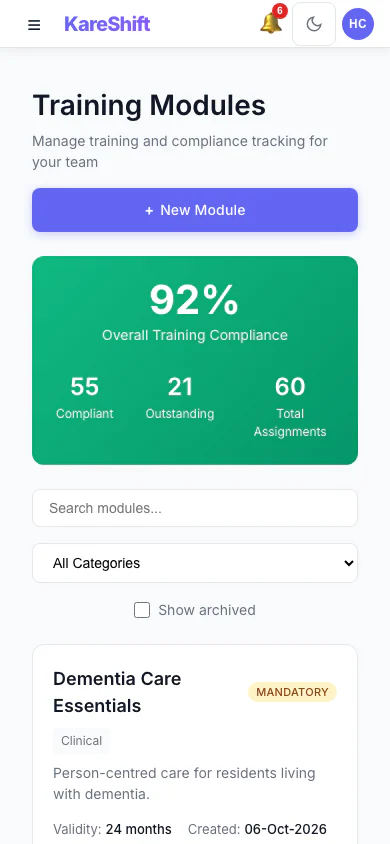 Training Modules: Mandatory and optional training, overall compliance and who is due. (mobile view)