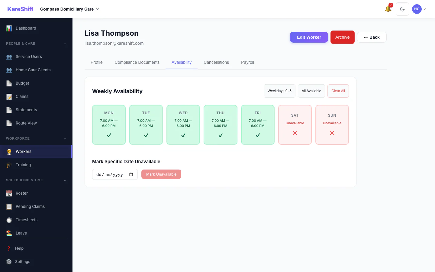 Worker Availability: A worker's weekly availability grid.