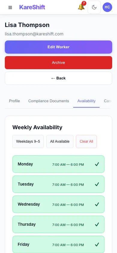 Worker Availability: A worker's weekly availability grid. (mobile view)