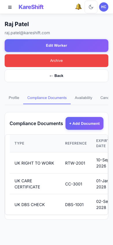 Worker Compliance — document tracking with expiry alerts — mobile view