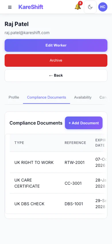 Worker Compliance — document tracking with expiry alerts — mobile view