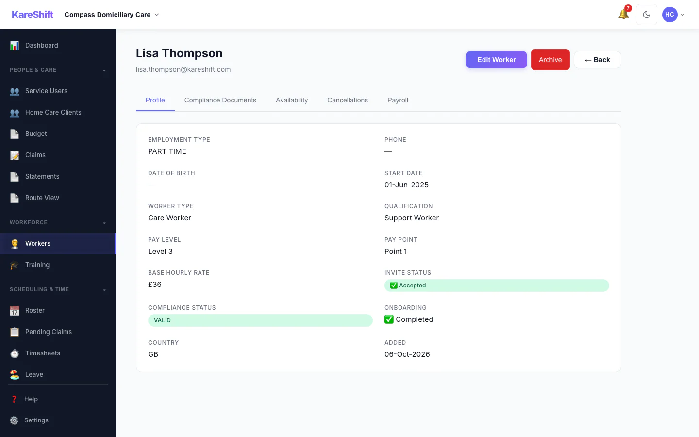 Worker Profile: A worker's profile and details.
