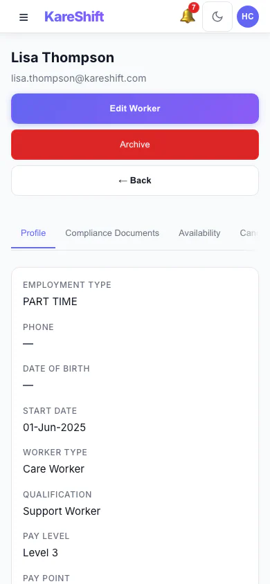 Worker Profile: A worker's profile and details. (mobile view)