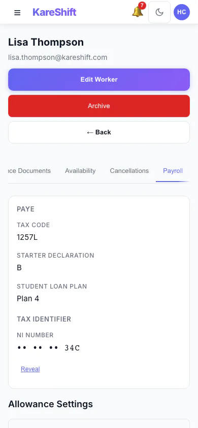 Worker Payroll Details: Payroll details and allowance settings for a worker. (mobile view)